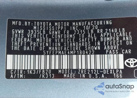 2021 Toyota Corolla Le из США, поврежденный, VIN 5YFEPMAE4MP180422